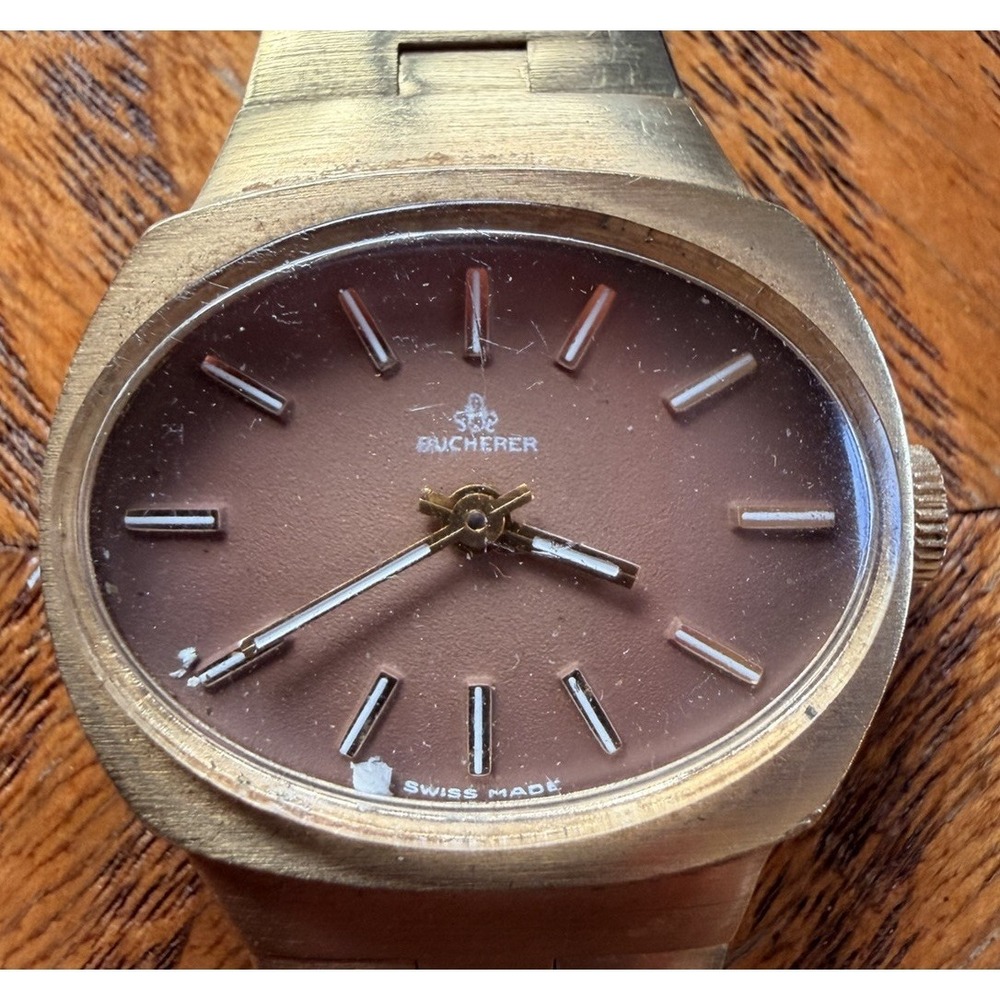 Bucherer Swiss Women's Watch 17J Mechanical Gold Plated Brown Dial Runs!